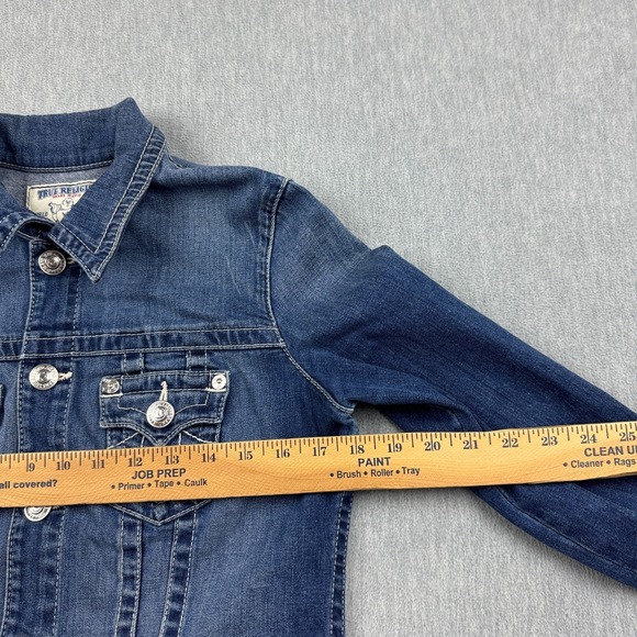 True Religion Trucker Jacket Womens Medium Blue Denim Jeans Super T Dark Wash - Picture 4 of 10
